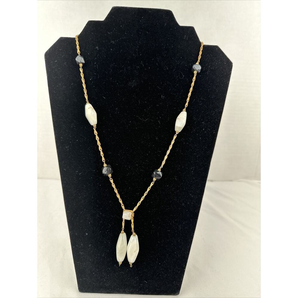 Vintage Semi Precious White Agate Onyx Beaded Brass‎ Chain Lariat Necklace